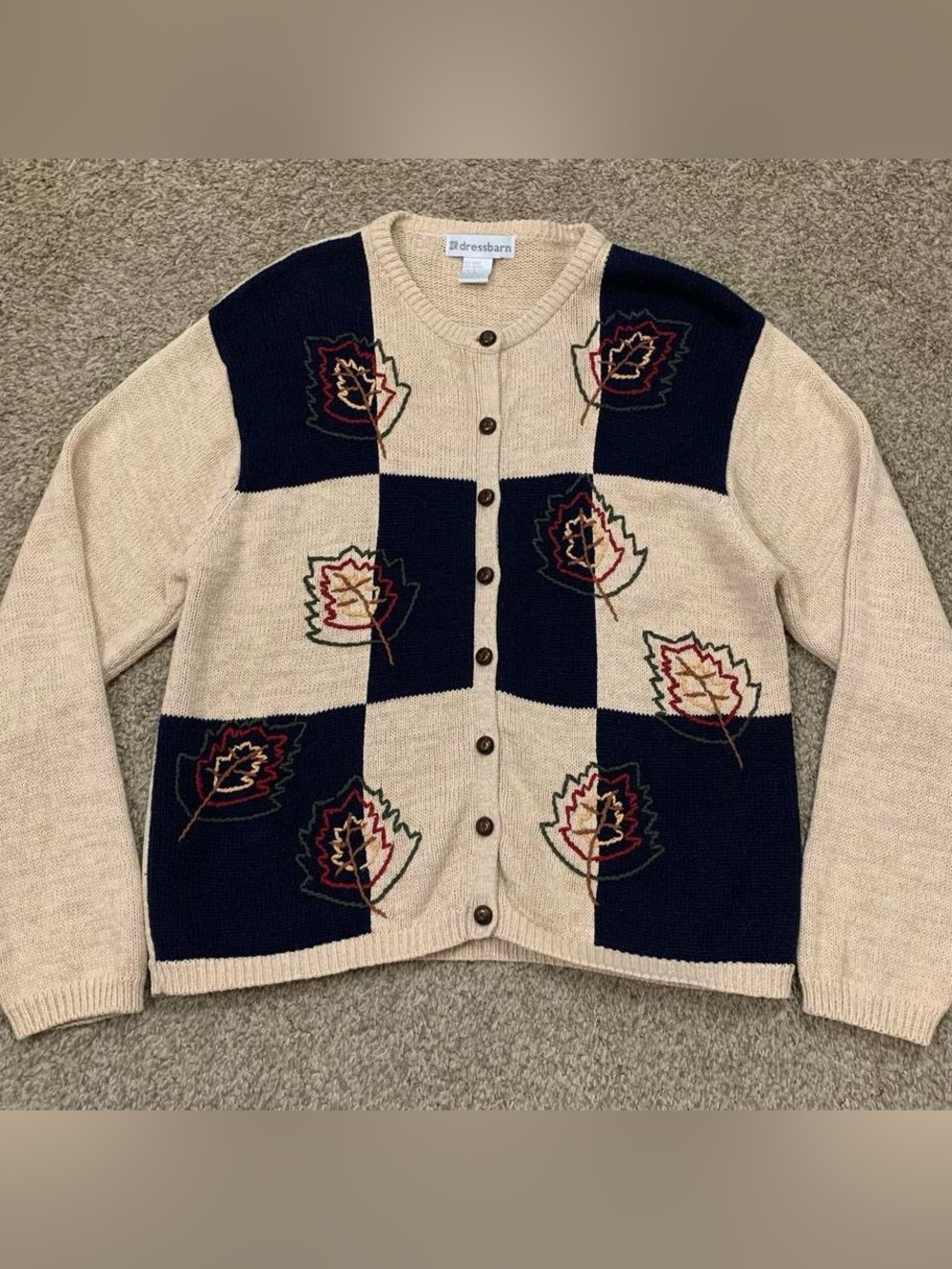 Dressbarn Womens Large Cream Navy Fall Leaf Embroidered Vintage Grandma Cardigan